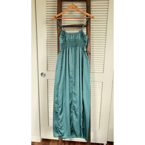 Slip Dress Green Midi Dress with Slit  Size S - Picture 3 of 6